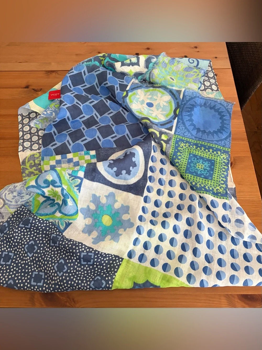 New w tags Altea Italy Linen Blue Green White Multi-Pattern Scarf Shawl Wrap